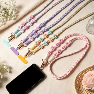 Boho Handgewebt Blume Handy-Lanyard Crossbody Umhängeband mit Anti-Verlust-Pad Legierung Haken Dekorative Handykette Damen