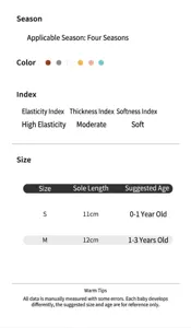 Maattabel details voor babysokken met informatie over maten, seizoenen en elasticiteitsindex.