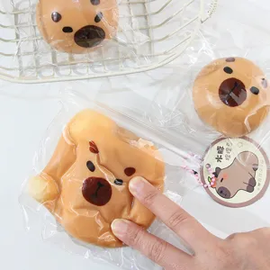 Detailed view of cute capybara squishy toy in clear packaging with tag, soft stress relief.