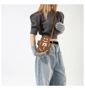 Niedliche Lebkuchenmann Umhängetasche für Damen, modische PU Leder Schultertasche mit Schleife.