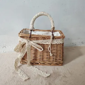Borsa in rattan intrecciato a mano con fiocco in pizzo borsa di paglia da spiaggia estiva carina
