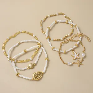 Bohemian ocean style shell starfish layered bracelet set for women summer beach jewelry