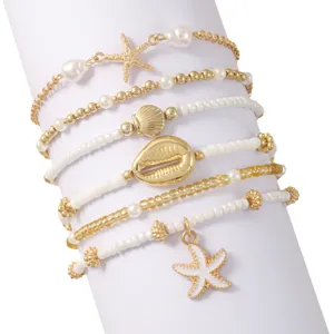 Multi-layer beach starfish seashell charm bracelet set gold white beaded vacation jewelry for women