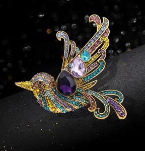 Spilla uccello strass multicolore vintage, dettaglio squisito corsage animale cristallo.