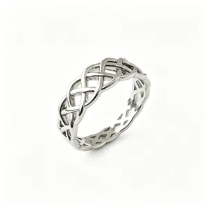 Celtic knot ring detail close-up, intricate woven silver metal design, elegant hollow band fashion jewelry.