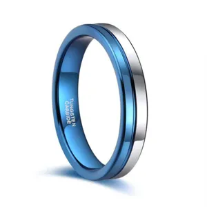 Schlanker Damen Wolframcarbid Ring Detail, 4mm breites blaues Rillen poliertes Schmuckstück