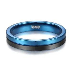 Eleganter blauer und schwarzer Wolframring mit Mittelrille, strapazierfähiges 4mm Trauband.