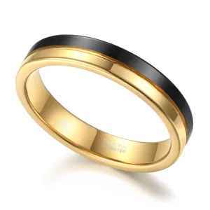 Eleganter 4 mm Damenring aus Wolframcarbid mit edlem goldenem und schwarzem Rillendesign.