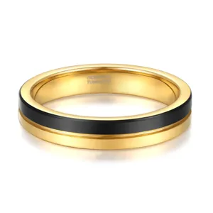 Detailansicht des schmalen Damen Gold Wolframkarbid Rings mit schwarzer Rille in der Mitte.