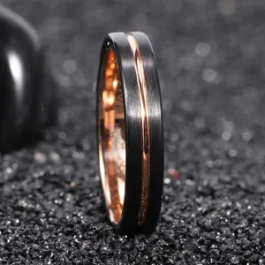 Schlanke Damen 4mm Wolframstahl Ring Schwarz Roségold Mitte Rille Ehering Schmuck