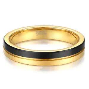 Anello in tungsteno dorato da donna, fede sottile da 4mm con scanalatura nera moda.