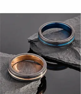 Anello in acciaio al tungsteno, design spazzolato nero con scanalature blu, fede nuziale.