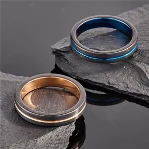 Anelli di coppia in acciaio al tungsteno nero spazzolato con scanalature blu e oro rosa gioielli