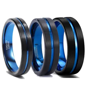 Anello in carburo di tungsteno nero con scanalatura blu finitura spazzolata uomo