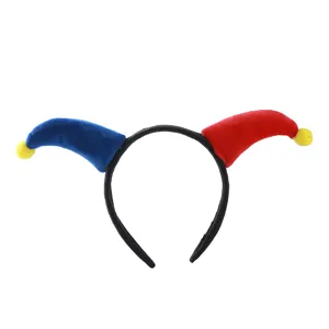 Plush jester headband with red and blue horns for Halloween party costume dress up fun.