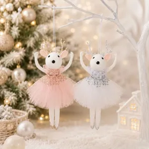 Close-up detail of hanging cute ballerina deer plush ornaments with sparkly skirts.