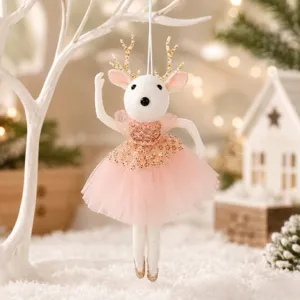 Christmas tree hanging ornament cute deer ballerina plush pendant with pink tutu and gold details.