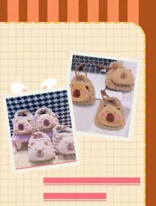 Detailed close-up showing the handmade crochet plush capybara coin purse and cute bag pendant.