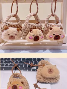 Cute plush capybara coin purse detail, soft knitted bag charm and fluffy animal key chain.