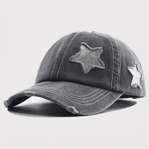 Vintage Washed Distressed Sequin Star Baseball Cap Women Fashion Summer Sun Hat