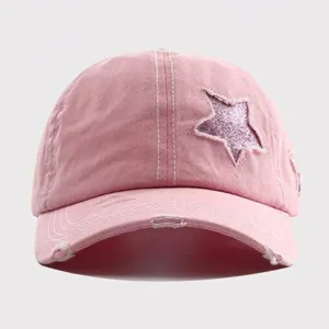 Distressed pink baseball cap for women with glitter star patch vintage washed cotton hat.