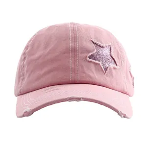 Women vintage washed distressed pink baseball cap with glitter star patch casual sun hat