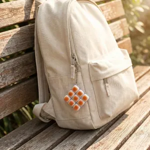 Detaillierte Nahaufnahme des süßen Karamellbrot Fidget Spielzeugs als Rucksackanhänger.