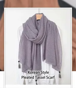 Classic pleated tassel scarf for women, elegant solid color lightweight neck wrap.