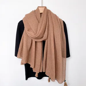 Retro vintage minimalist solid color pleated fringe lightweight scarf for women daily wear