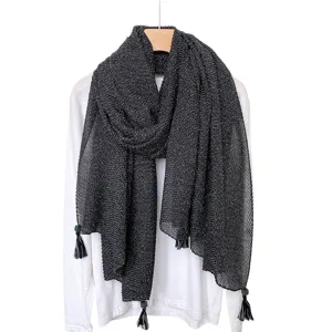 Minimalist solid color pleated scarf for women, lightweight retro fringe fashion neck wrap.