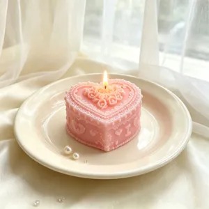 Detail view of pink heart-shaped scented candle, handmade soy wax with vintage lace design.