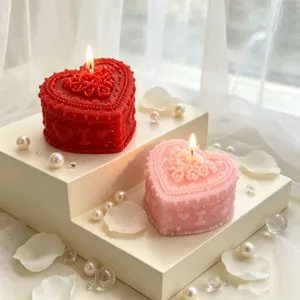 Heart-shaped scented soy wax candle with romantic rose relief design for home decor gifts.