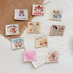 Cute Cartoon Animal Woven Label Patches Polyester Embroidery Bear Dog Paw Cloth Stickers For DIY Clothing Accessories