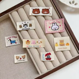 Cute Cartoon Bear Rabbit Woven Fabric Labels For DIY Hair Clips Bags Phone Case Decoration Embroidered Cloth Patches