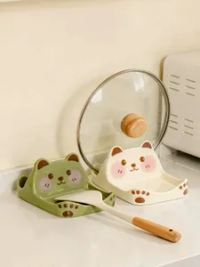 Cute cartoon bear kitchen pot lid holder and spatula rack desktop storage organizer detail view.