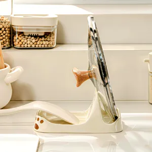 Kitchen pot lid holder and spatula rack countertop organizer for kitchen storage tidy cooking space.