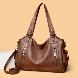 Brown PU leather large capacity women tote shoulder bag, stylish casual underarm bag for daily.