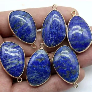 Natural stone teardrop gold bezel lapis lazuli pendant DIY jewelry accessory detail view.