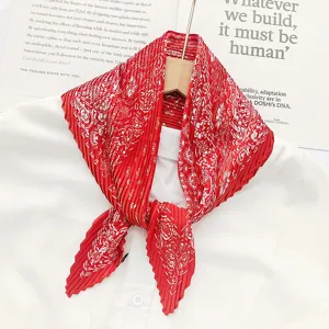 Red pleated silk scarf for women vintage floral print decorative neckerchief hair band