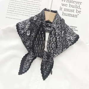 Black and white printed pleated scarf, elegant neckerchief for women, chic vintage style accessory.