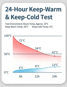 Detailed 24-hour thermal insulation and cold preservation test chart for stainless steel vacuum flask.