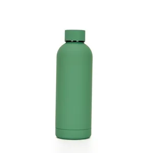 Detail view of matte green stainless steel double wall insulated water bottle, portable.