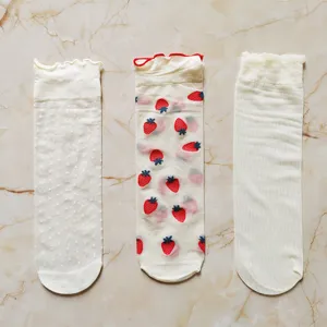 Lolita Sweet Lace Sheer Mid-Calf Socks Strawberry Polka Dot Printed Transparent Thin Mesh Socks For Women Princess Style Daily Party Wear