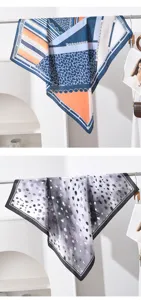 Élégant grand carré de soie de 90cm avec motifs chics de chaînes et léopard pour femmes.