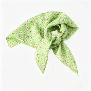 Green floral small square scarf for women, retro neckerchief and stylish hair accessory.