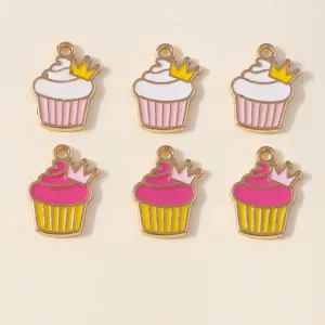 Alloy enamel cupcake pendant detail, cute crown design charms for DIY jewelry making accessories.