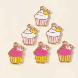 Zinc Alloy Enamel Crown Cupcake DIY Charms For Jewelry Making Cartoon Cake Pendant For Keychain Phone Strap Accessories