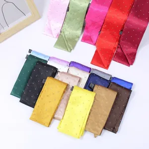 Colorful satin rhinestone skinny scarf detail, elegant hair ribbon and bag accessory.