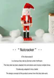 Nutcracker figurine holiday decoration detail showcasing the red wooden body and festive snow props.