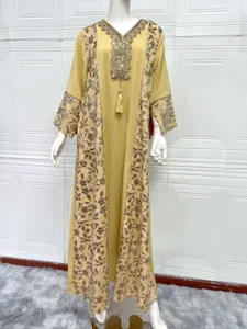 Elegante abito lungo caftano ricamato in oro e paillettes da donna vestito da festa etnico